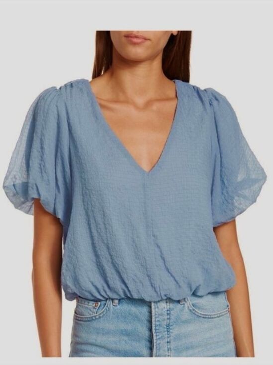 Astr Tops - ASTR the Label Dusty Blue V-Neck Puff Gauze Sleeve Blouse Tie neck Bubble Small